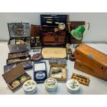 A mixed lot to include an early 20th century travel stationary A/F, brass lamp, vintage tins,