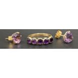 A yellow metal amethyst five stone ring and a pair of matching earrings, 4.1g Location: