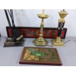 A mixed lot to include fireside implements, Russian Icon, two table lamps and a 'Persevere' sign