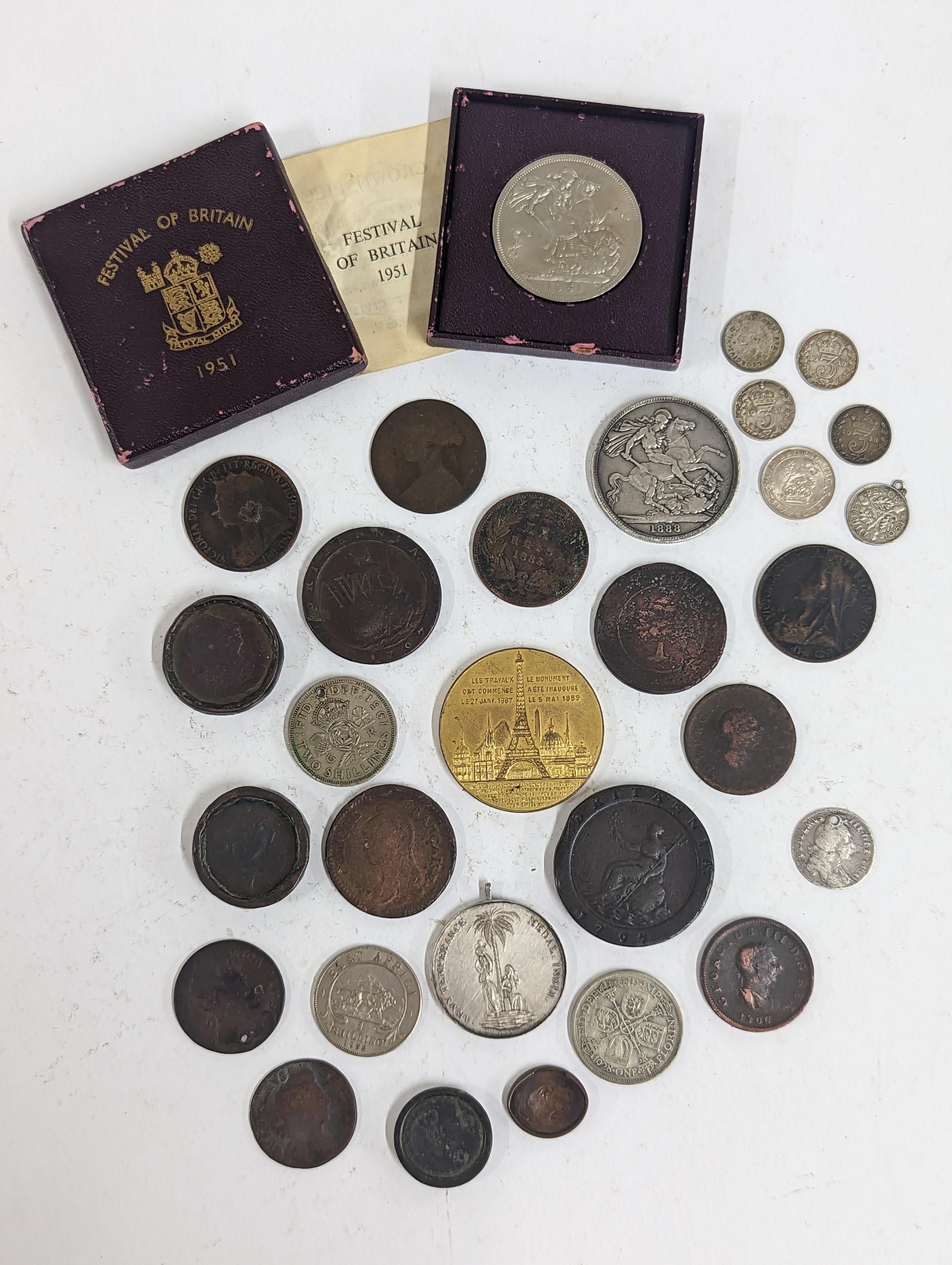 Mixed coinage to include a William III 169* silver sixpence A/F and copper examples, Cartwheel