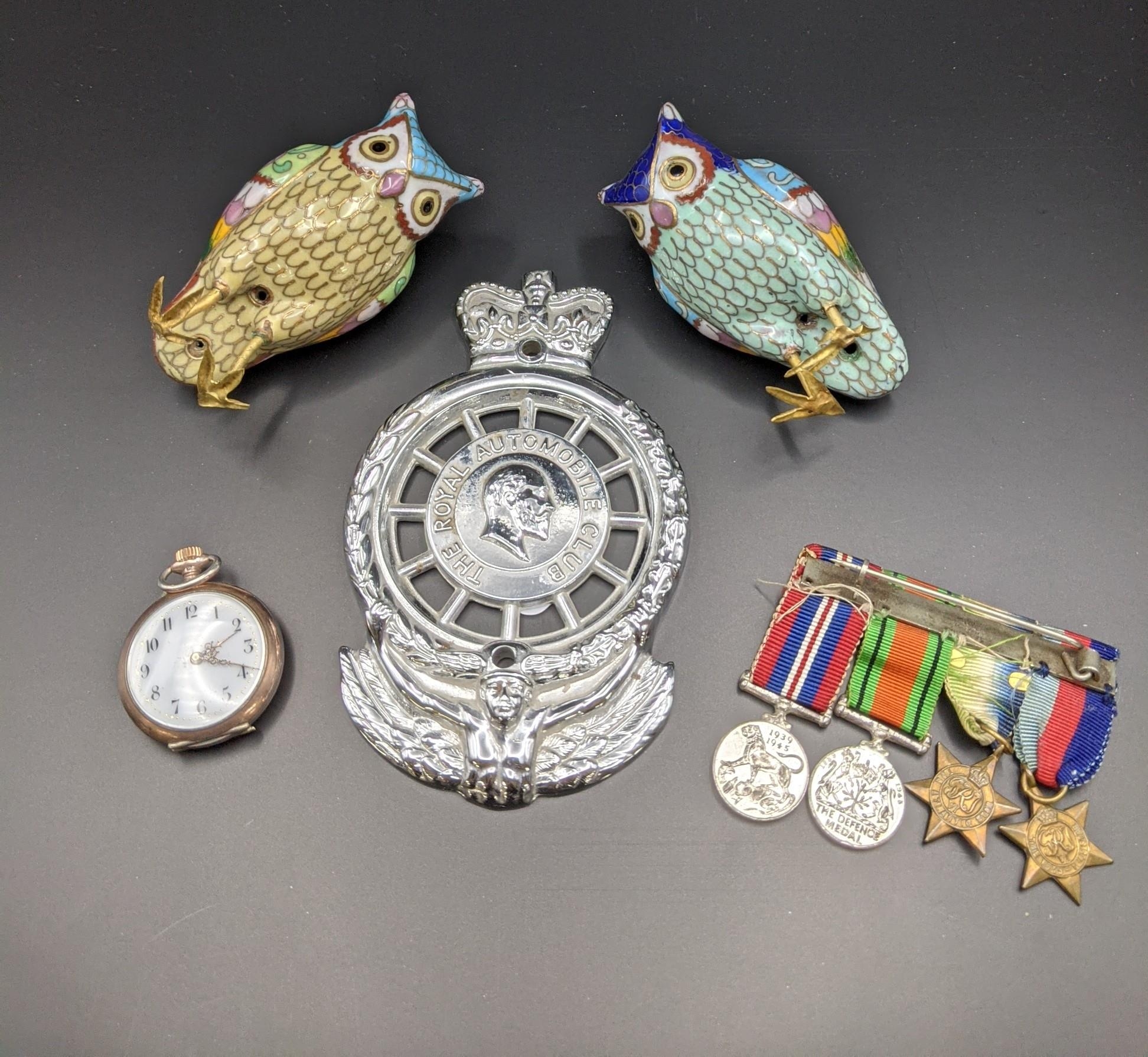 Collectables to two cloisonne model owls, a silver and gold rob watch A/F, miniature medals and a