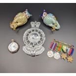 Collectables to two cloisonne model owls, a silver and gold rob watch A/F, miniature medals and a