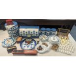 A mixed lot to include kitchen items, plates, bowls and matching tins, bread bin, and others,