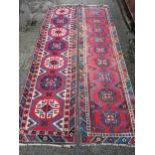 A matched pair of Persian hand woven runners having a red ground with repeating motifs, 284cm x 72cm