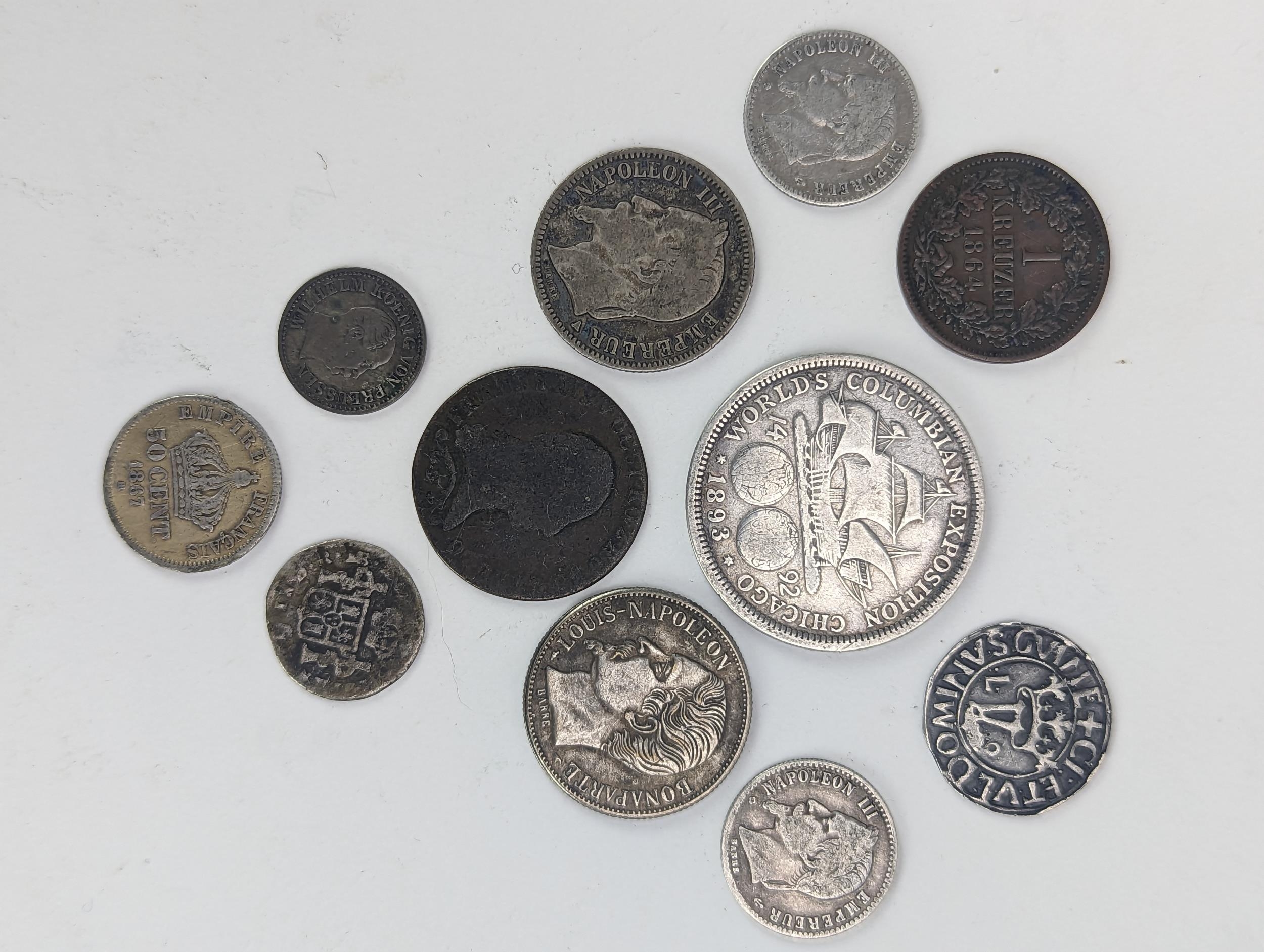 A group of 19th century and other coinage to include napoleon III 1 Franc 1852, 1868 and 1865 5