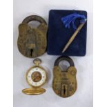 A mixed lot to include two Victorian padlocks, silver pen and a Royal pocket watch Location: