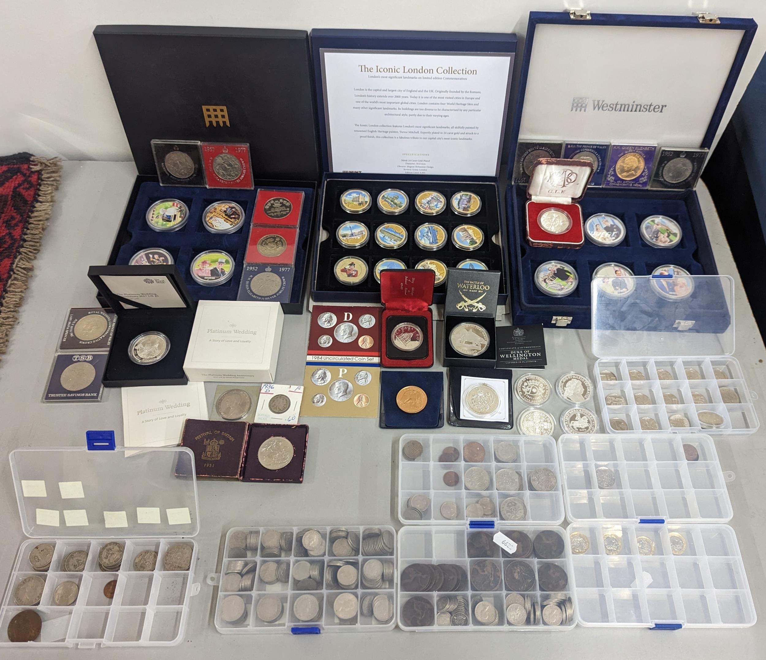 A large group of coins to include Westminster Elizabeth II and Prince Philip Numis proof crowns,