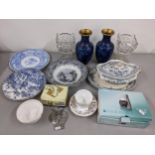 Ceramics and glassware to include blue and white plates, a tureen, a pair of cloisonne vases, and