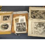 A quantity of engravings and prints unframed together with four folies to include Pet Paul Rubens