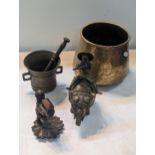 Brassware to include Egyptian engraved pot, an Asian model of a boy on an elephant, a pestle and