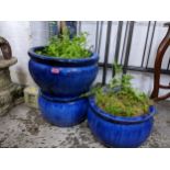 Three blue glazed pottery garden planters, Location:G