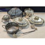 A mixed lot to include a white metal toddy ladle, two silver plate entrée dishes and others