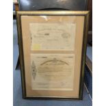 Two 19th century shares certificates framed in a single frame, dated 1846 and 1897 Location: