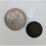 United States of America - "Morgan Dollar" dated 1900, along with a one cent dated 1850 Location: