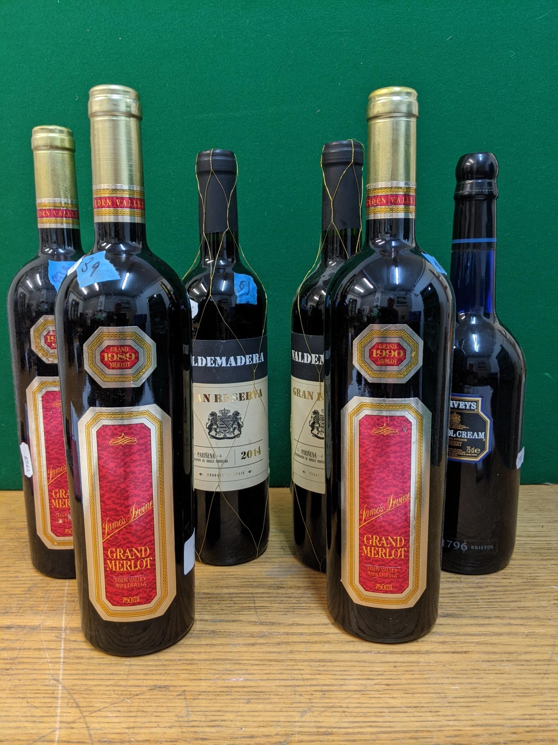 Six mixed bottles to include James Irvine Grand Merlot 1989 and 1990, Bristol Cream and Valdemanera,