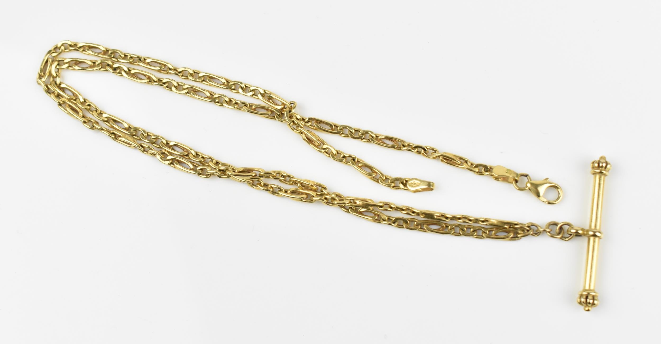 A 9ct yellow gold albert chain, in two sections of figaro link chains, with T-bar and lobster clasp, - Bild 5 aus 5