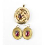 A pair of Victorian gold-plated earrings and brooch, the earrings of oval form with central cabochon