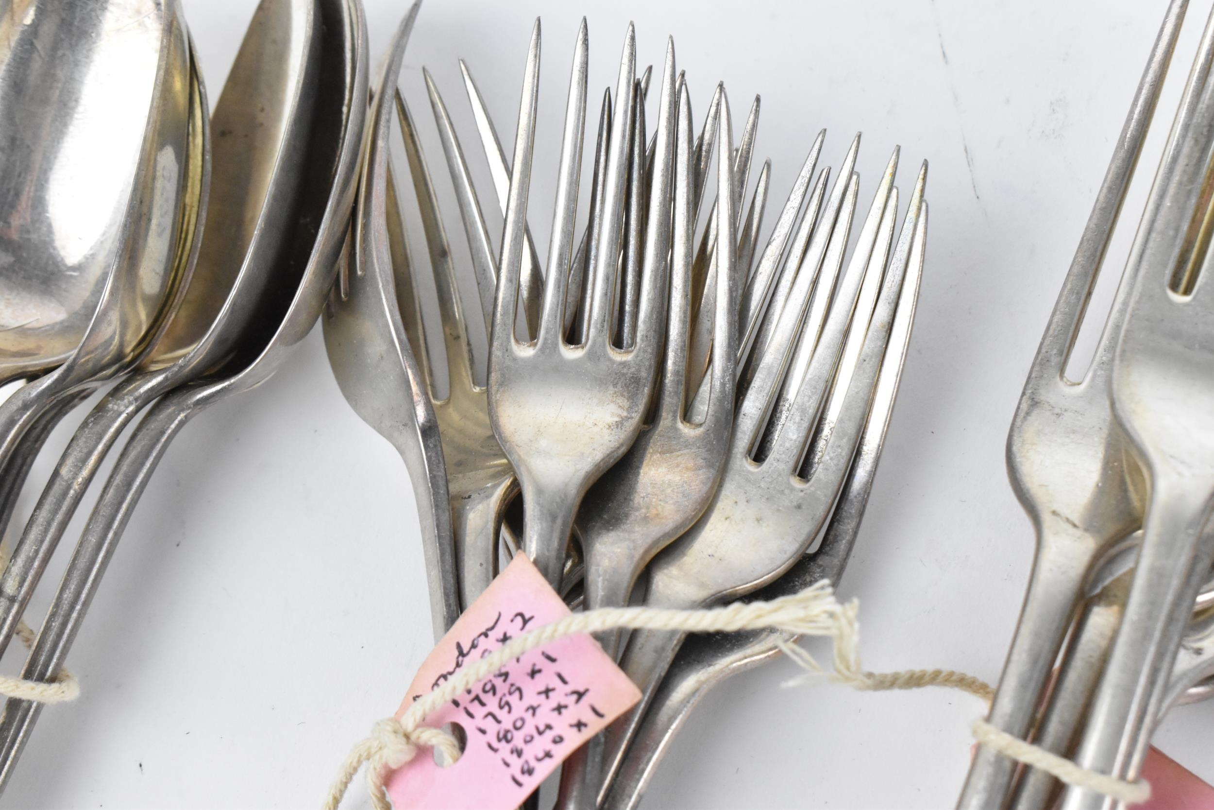 A small collection of mixed George III silver flatware, comprising six tableforks by Richard - Image 2 of 7