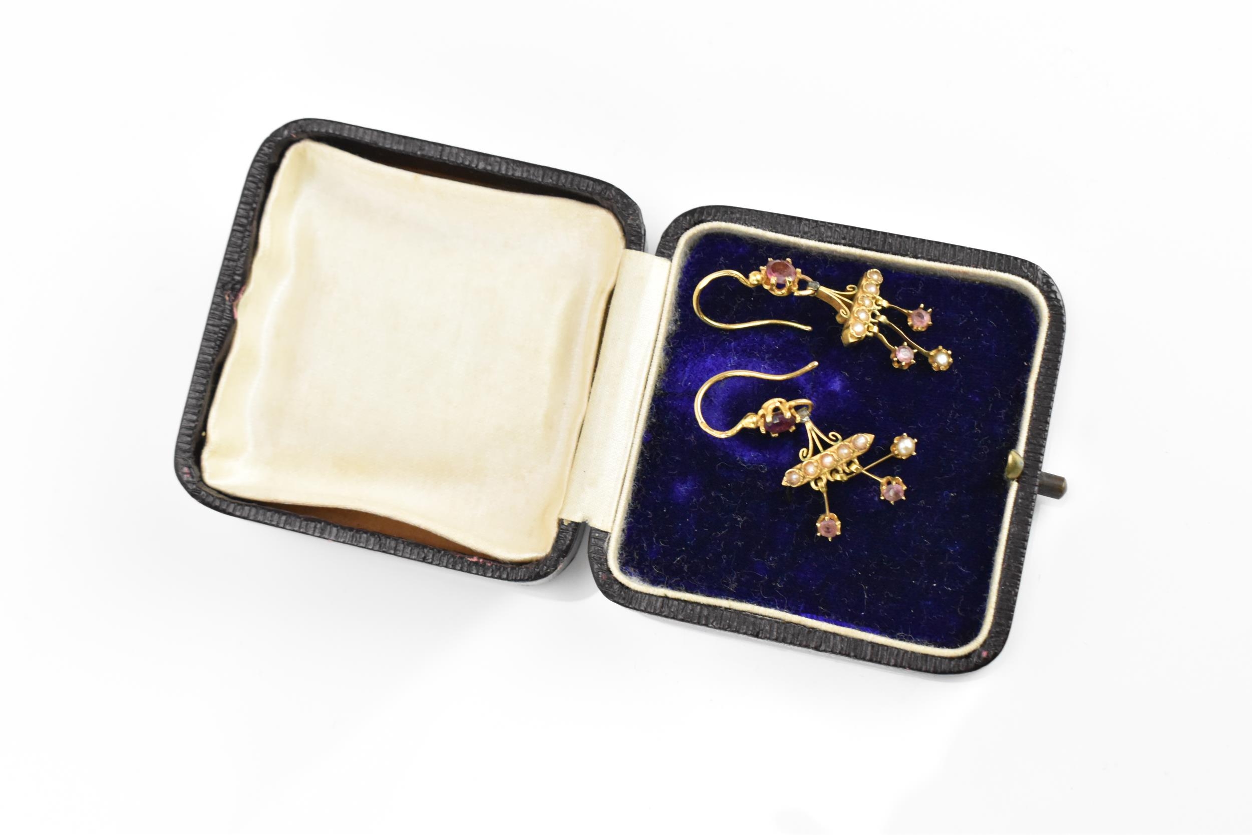A pair of Victorian yellow metal, seed pearl and amethyst earrings, with central round cut - Image 5 of 5