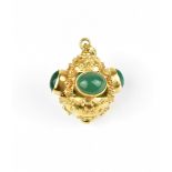 An 18ct Italian yellow metal fob, inset with cabochon green stones, designed with cannetille
