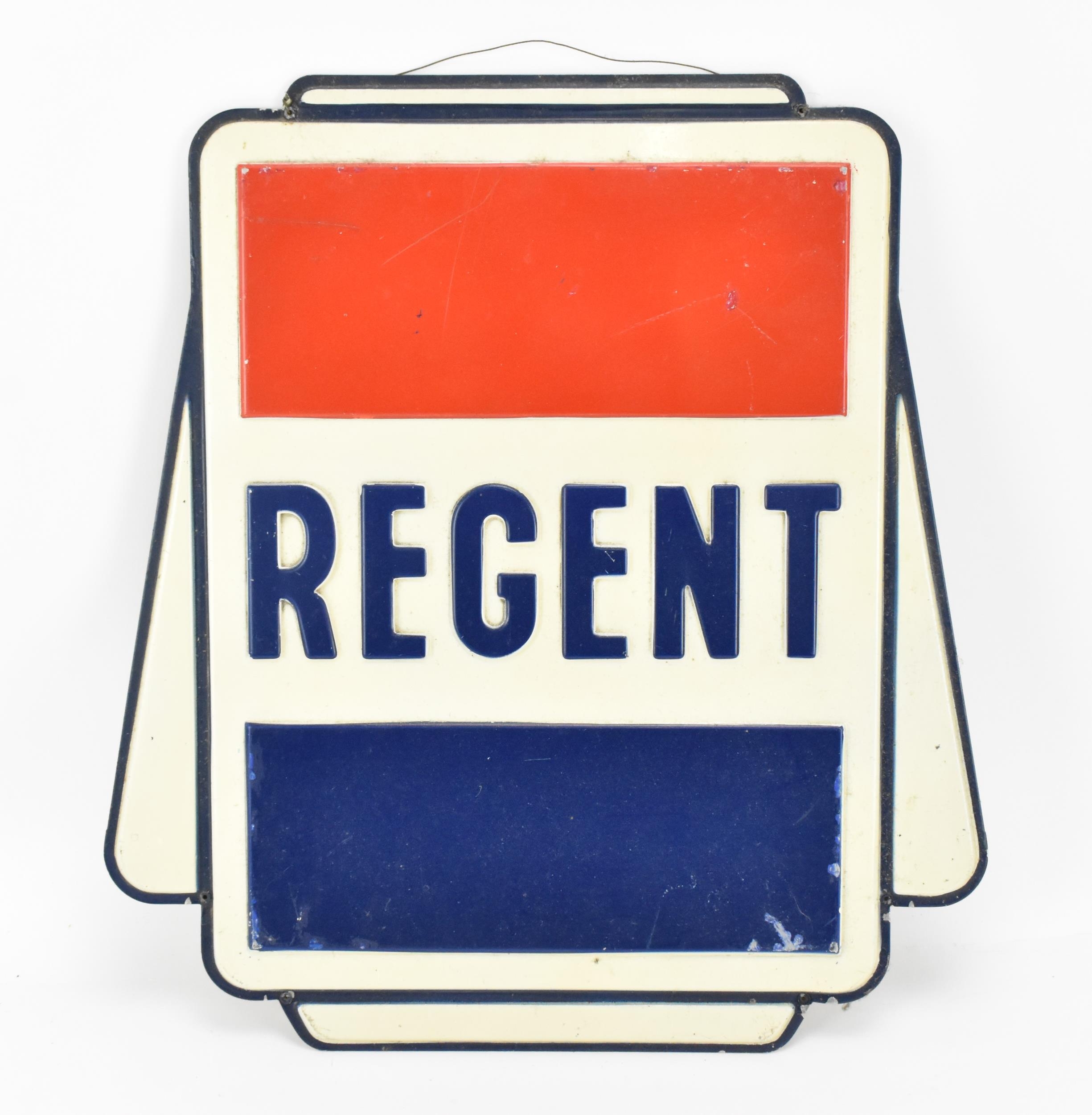 A vintage Regent petrol enamel sign, with blue enamel lettering, 46 cm x 42 cm