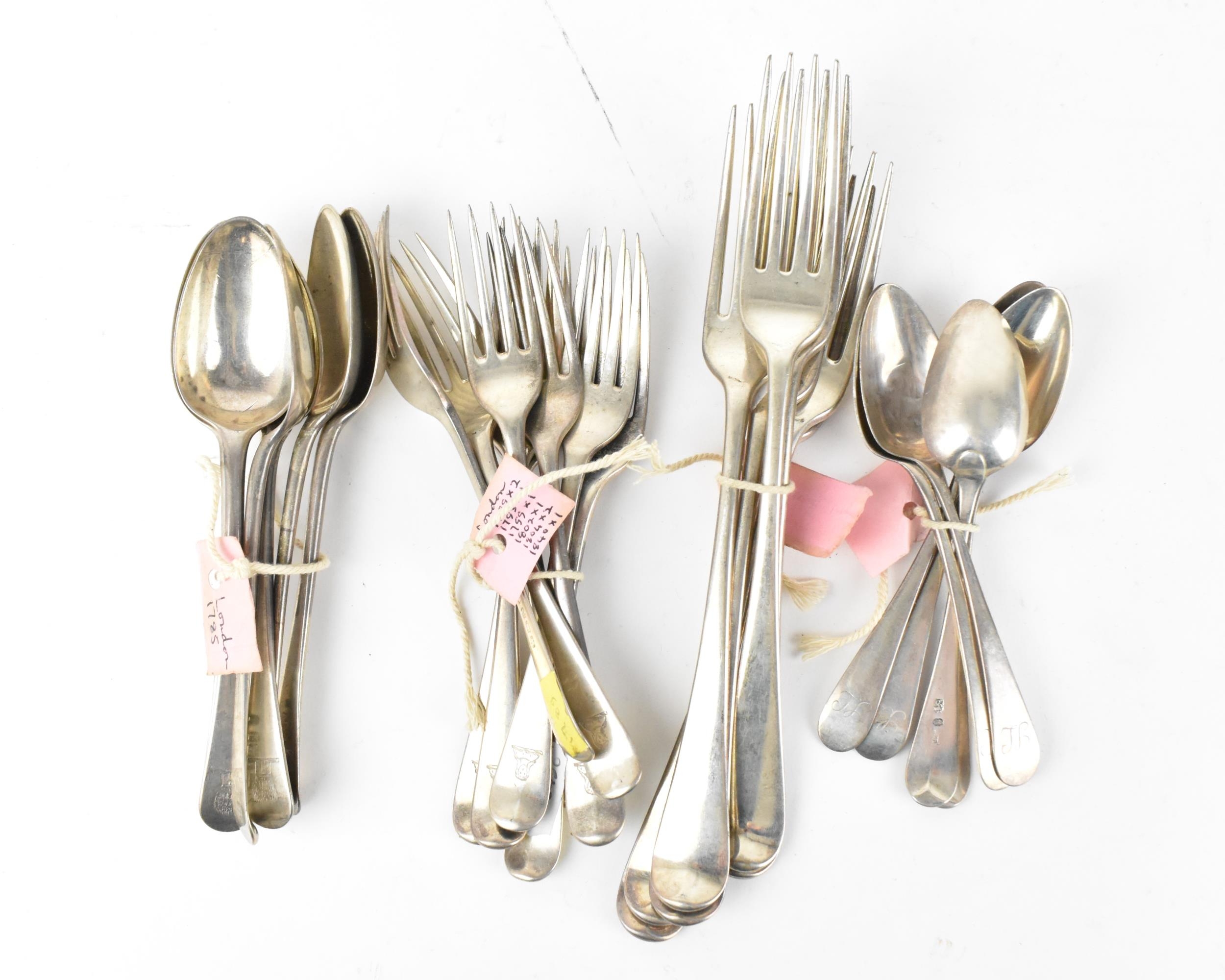 A small collection of mixed George III silver flatware, comprising six tableforks by Richard