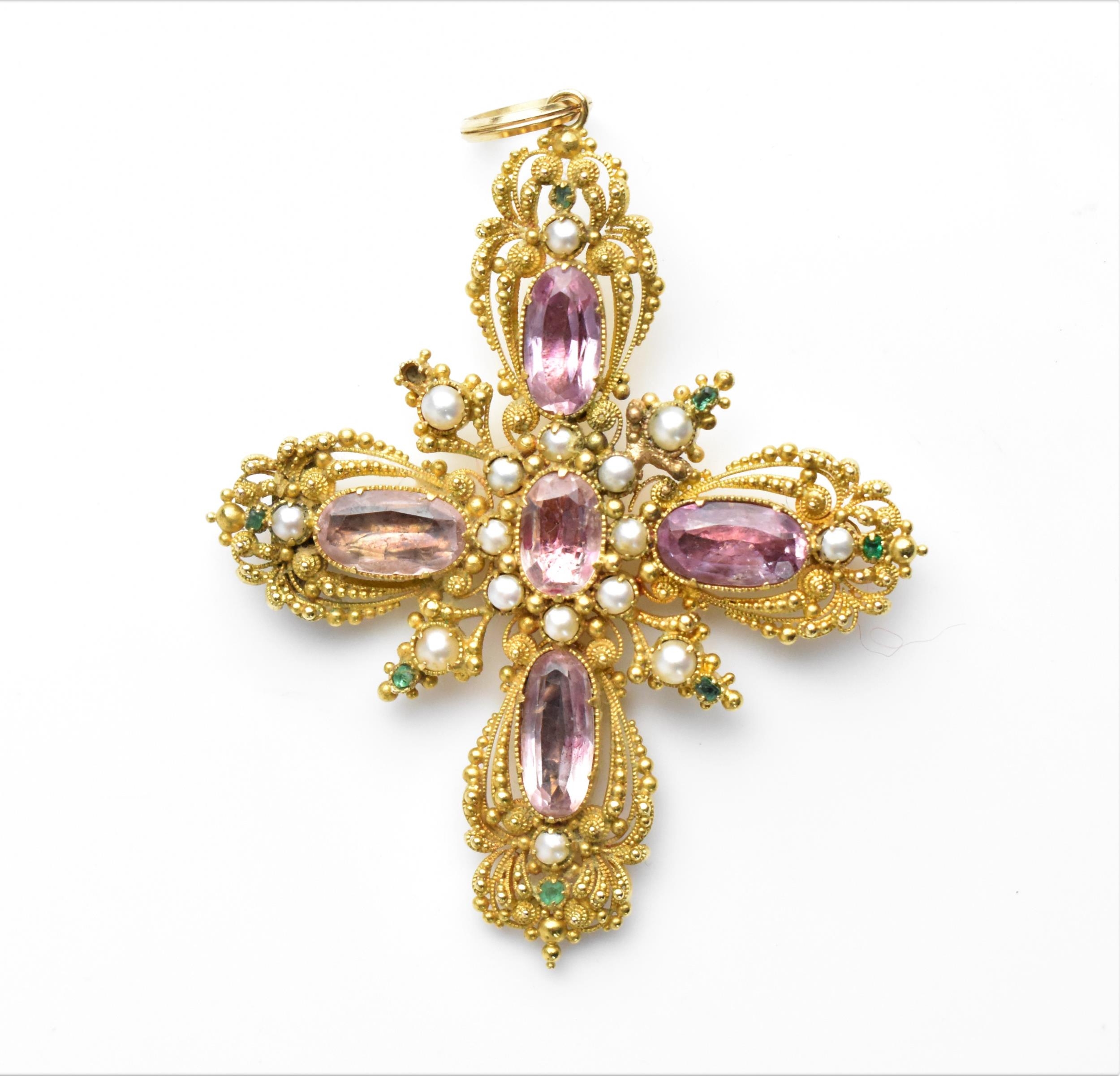 A Georgian pink topaz, pearl and emerald cannetille cross pendant, circa 1820s, with intricate