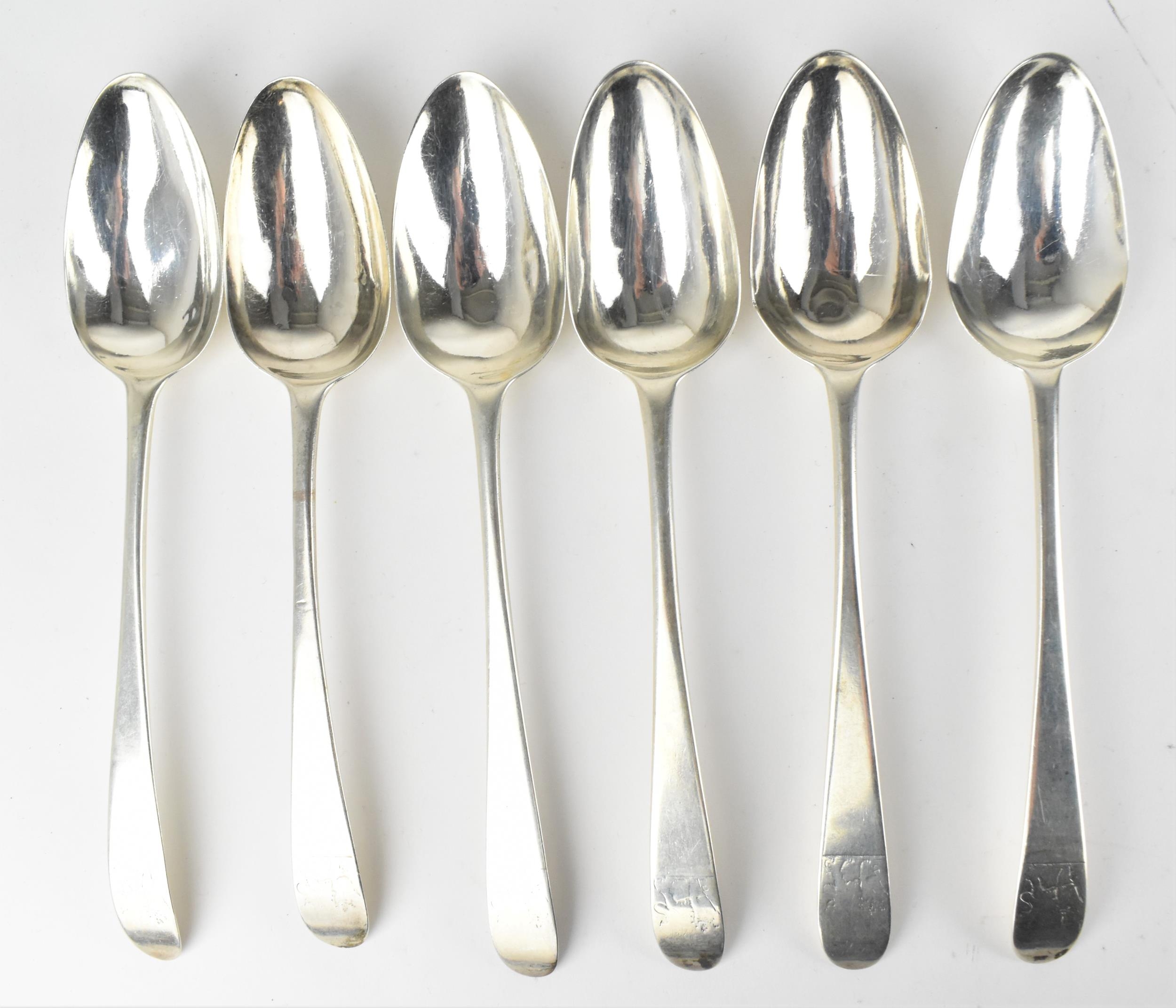 A set of five George III Irish silver tablespoons, London 1784, in the Old English pattern, with