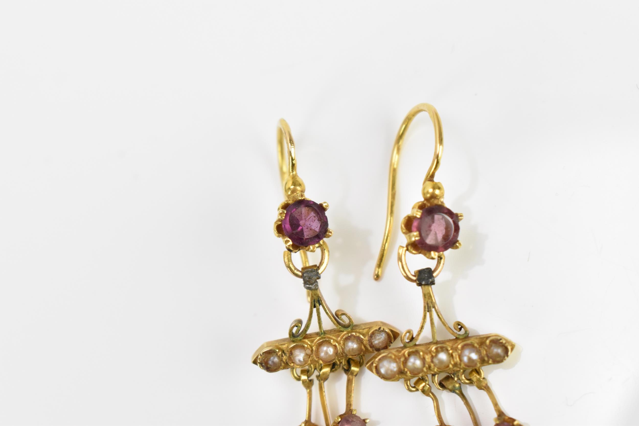 A pair of Victorian yellow metal, seed pearl and amethyst earrings, with central round cut - Image 2 of 5