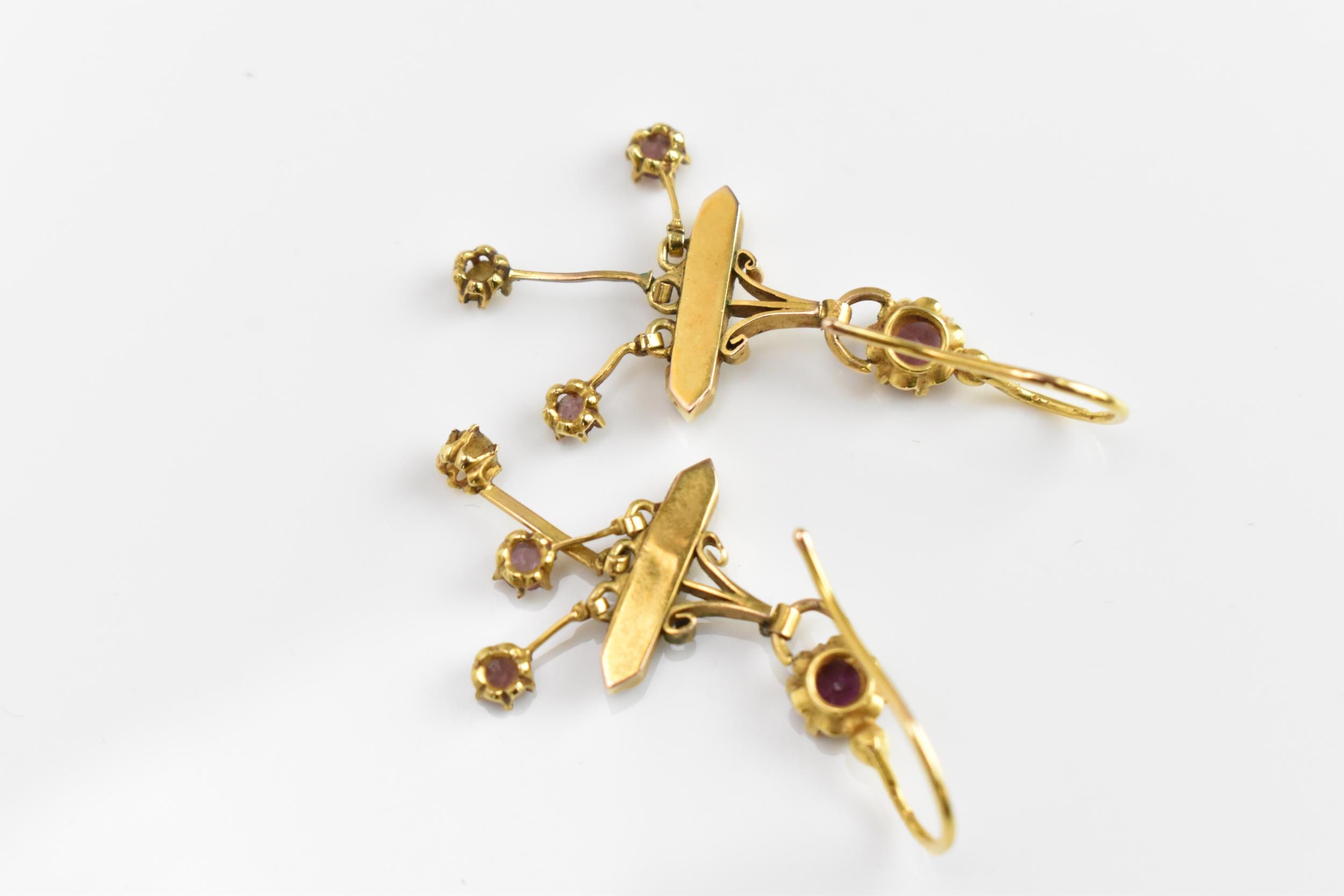 A pair of Victorian yellow metal, seed pearl and amethyst earrings, with central round cut - Image 4 of 5