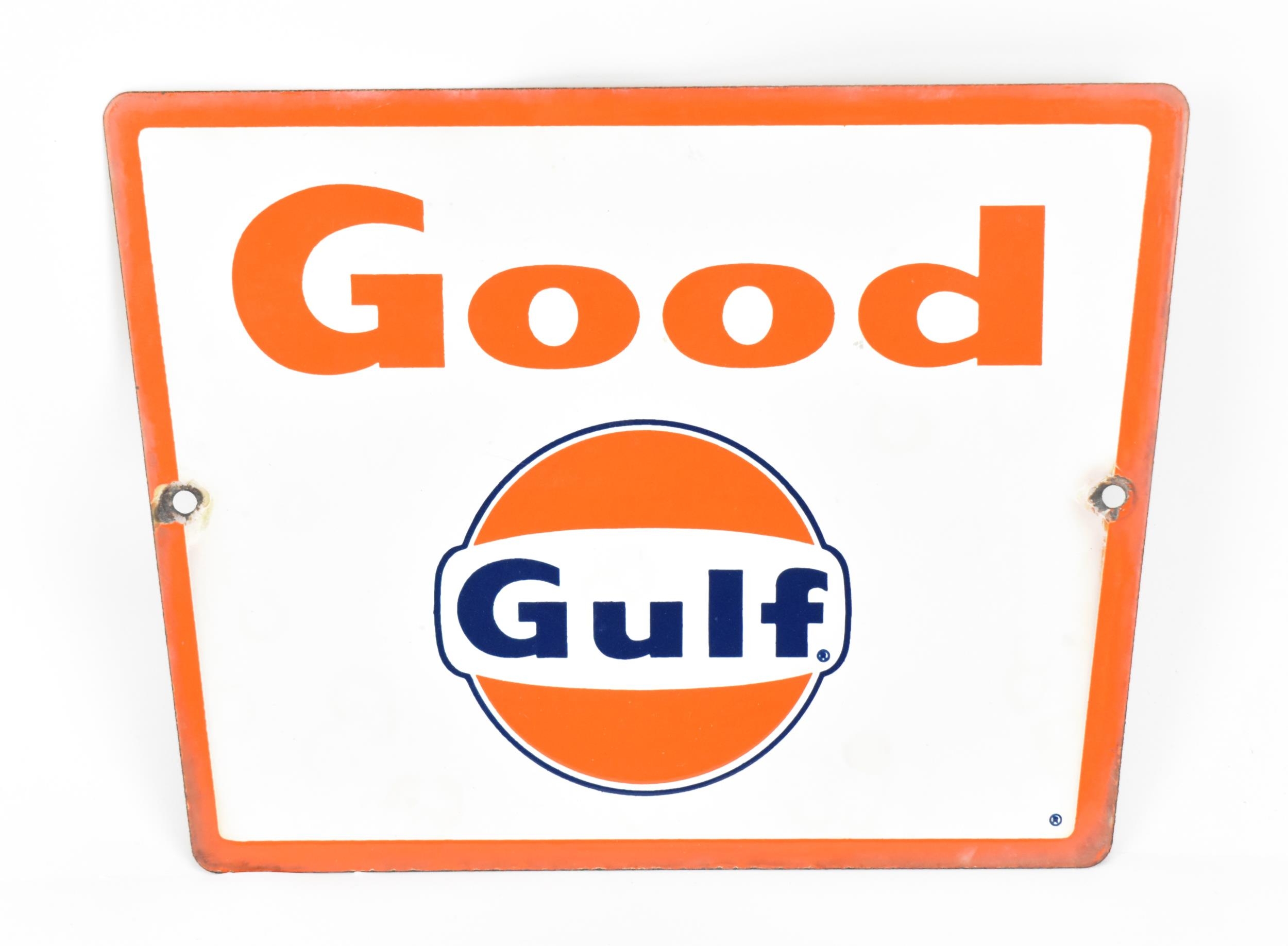 A mid century Good Gulf enamel sign, circa 1950s, 21.5 cm x 29 cm