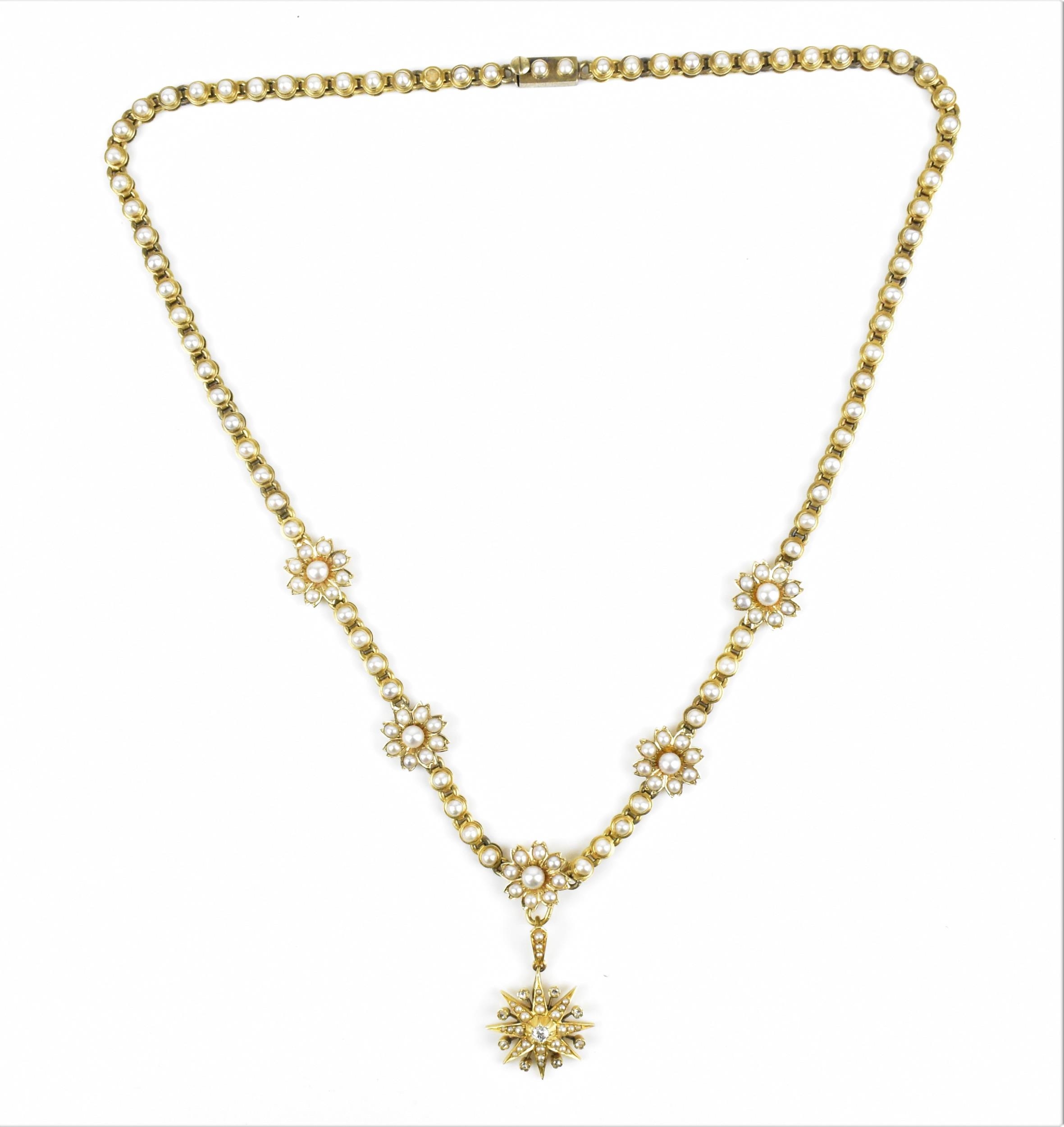 An Edwardian yellow metal, diamond and pearl necklace, designed with pearl-mounted links, the