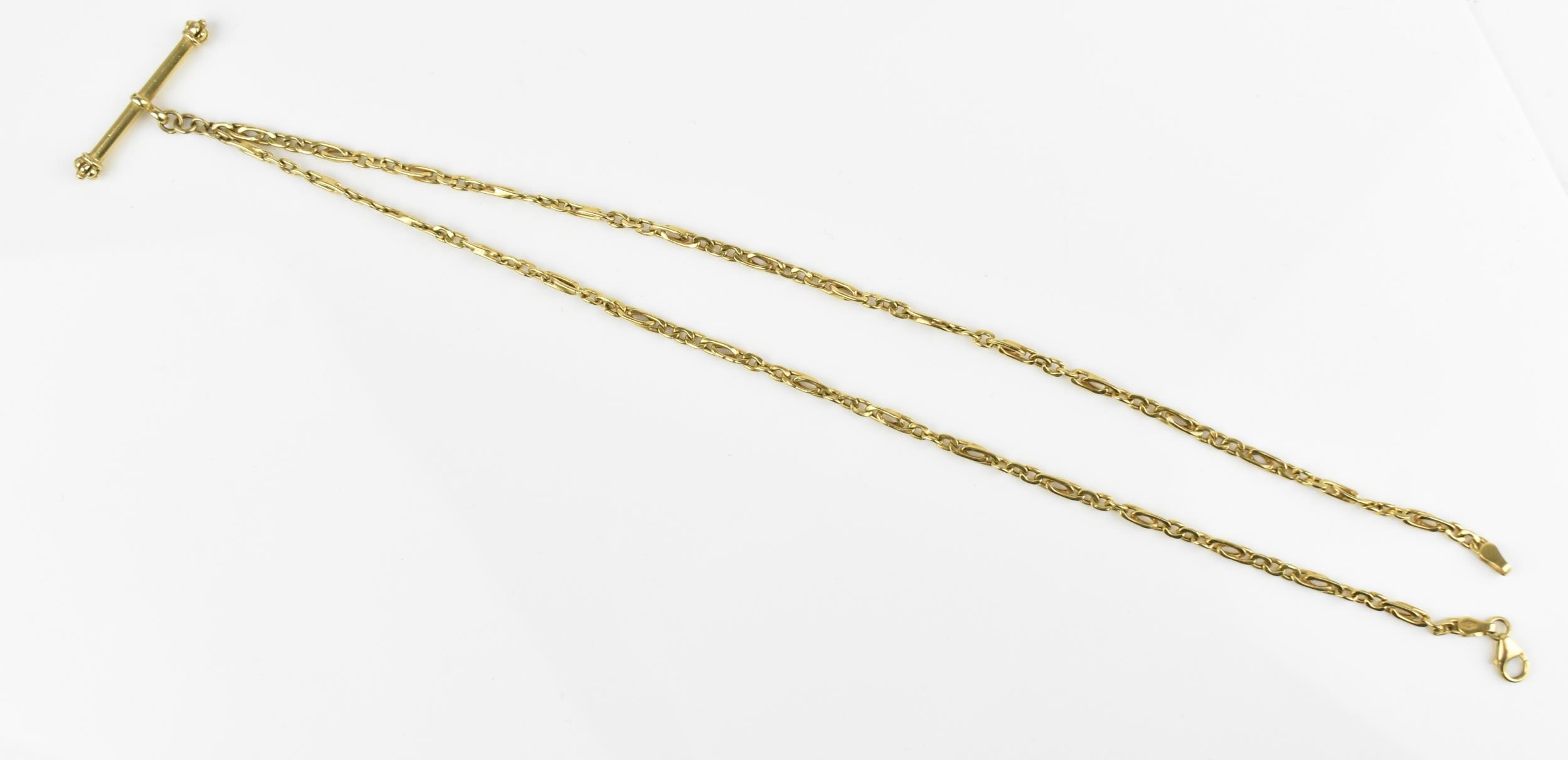 A 9ct yellow gold albert chain, in two sections of figaro link chains, with T-bar and lobster clasp,