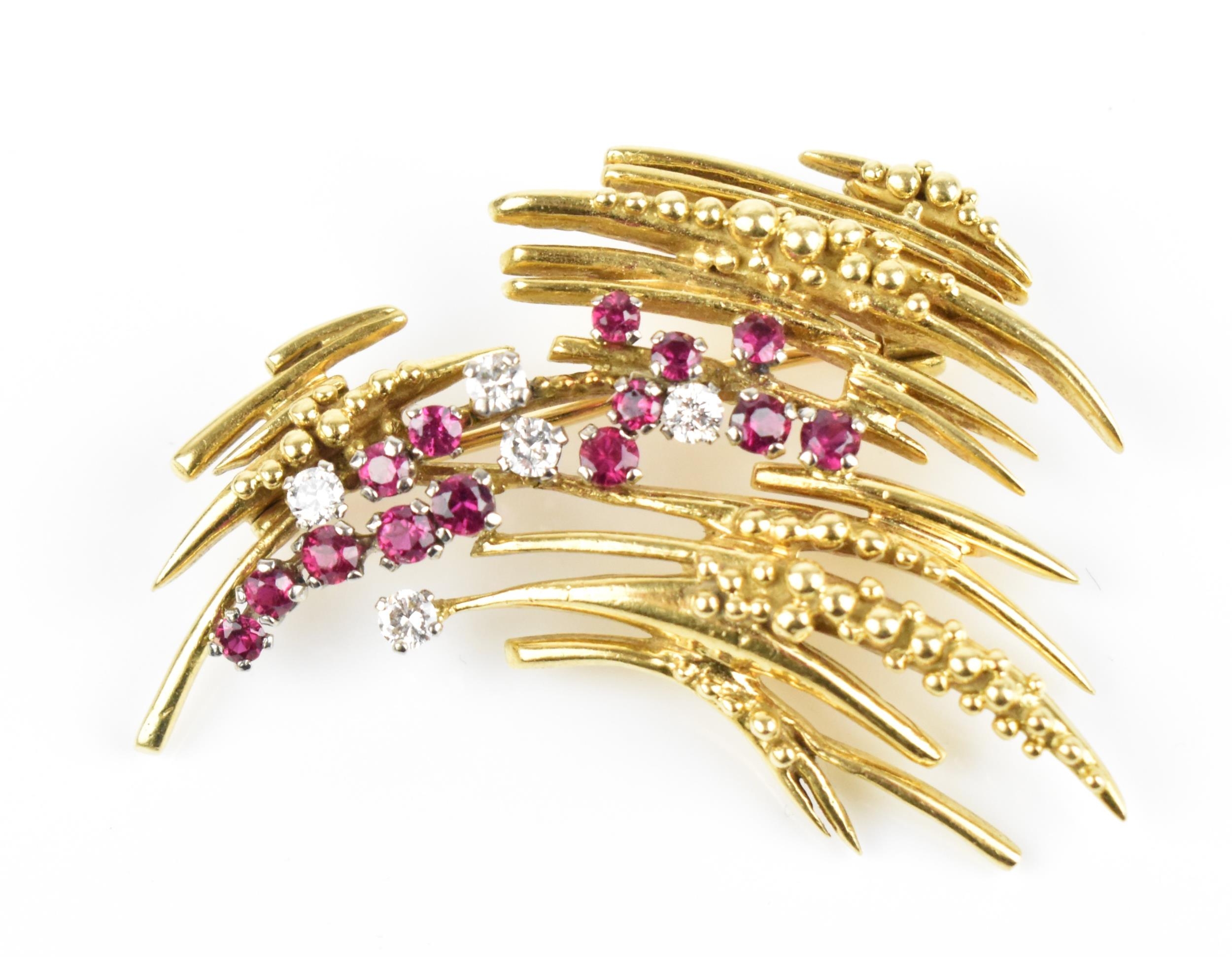 An 18ct yellow gold, diamond and ruby brooch, in the Modernist taste, set with five brilliant cut - Image 2 of 5