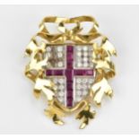 An 18ct yellow gold, diamond and ruby heraldic brooch, with channel set rubies in a St George's