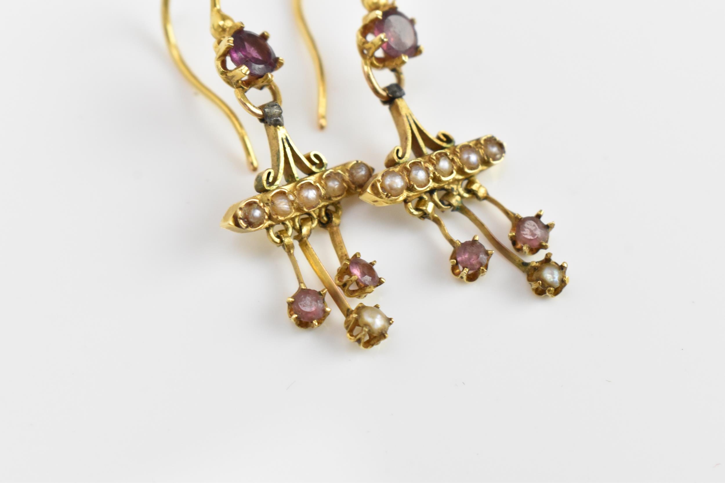 A pair of Victorian yellow metal, seed pearl and amethyst earrings, with central round cut - Image 3 of 5