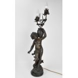 A late 19th century patinated spelter figural lamp after Auguste Moreau, 'Le ruiseau' (the