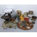 A mixed lot to include Victorian scales with weights, Chinese metal trinket box, cutlery, opera