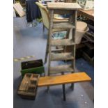 A mixed lot to include a vintage folding ladder, wall bracket with shelf, magazine rack and a