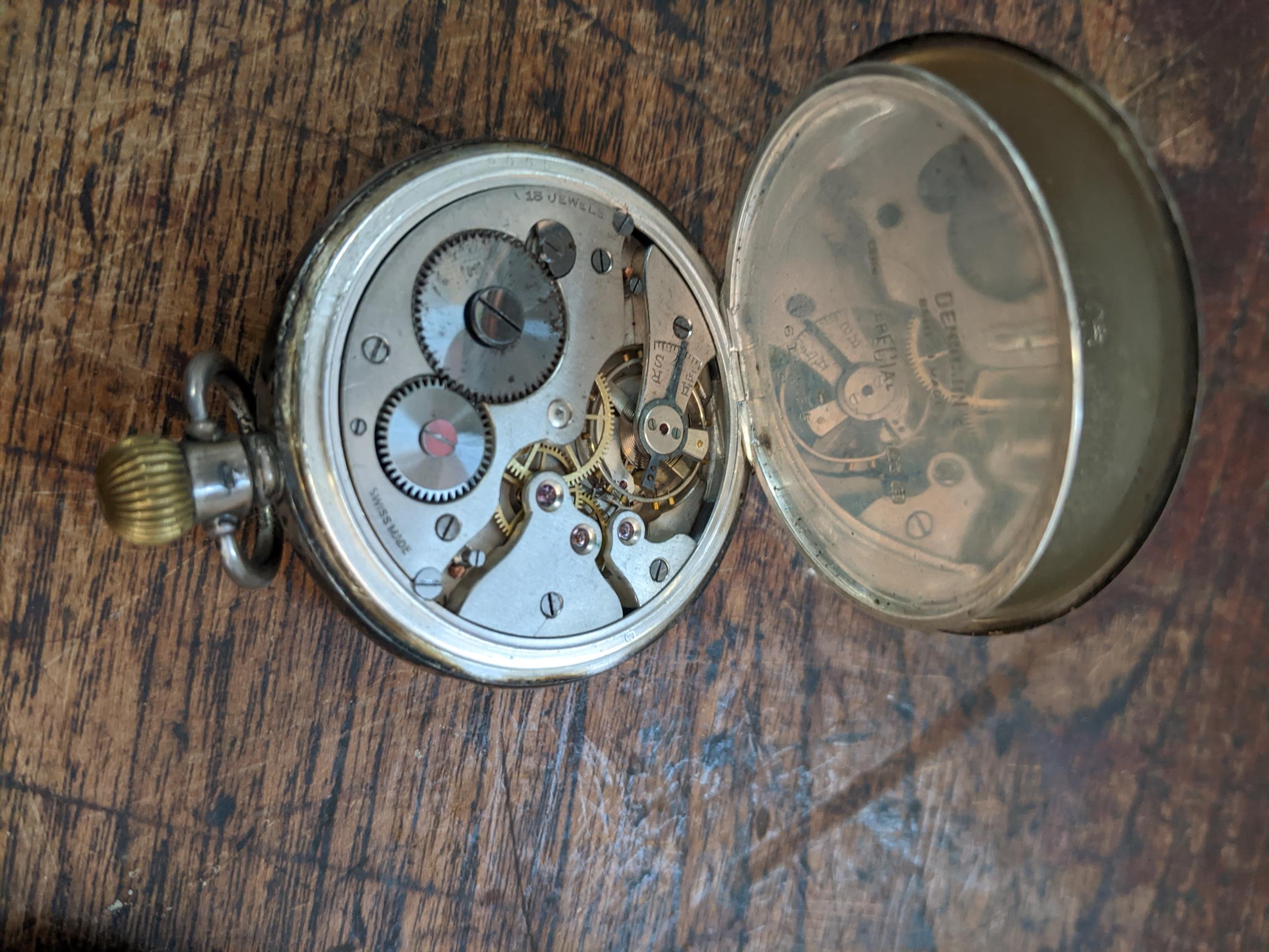 An early 20th century manual-wind half-hunter pocket watch, in silver Dennison case, with blue - Image 3 of 4
