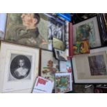 A mixed lot of prints, paintings, postcards and enamel signs to include a WWII watercolour of a