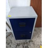A two-drawer metal filing cabinet, blue finished drawer fronts, and grey painted frame Location: