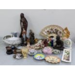 A mixed lot to include fans, Capodimonte figures, Worcester blush ivory vase, Wedgwood clock, cup