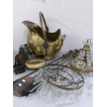 A mixed lot to include brass coal bucket with fireside implements, two crystal drop chandeliers