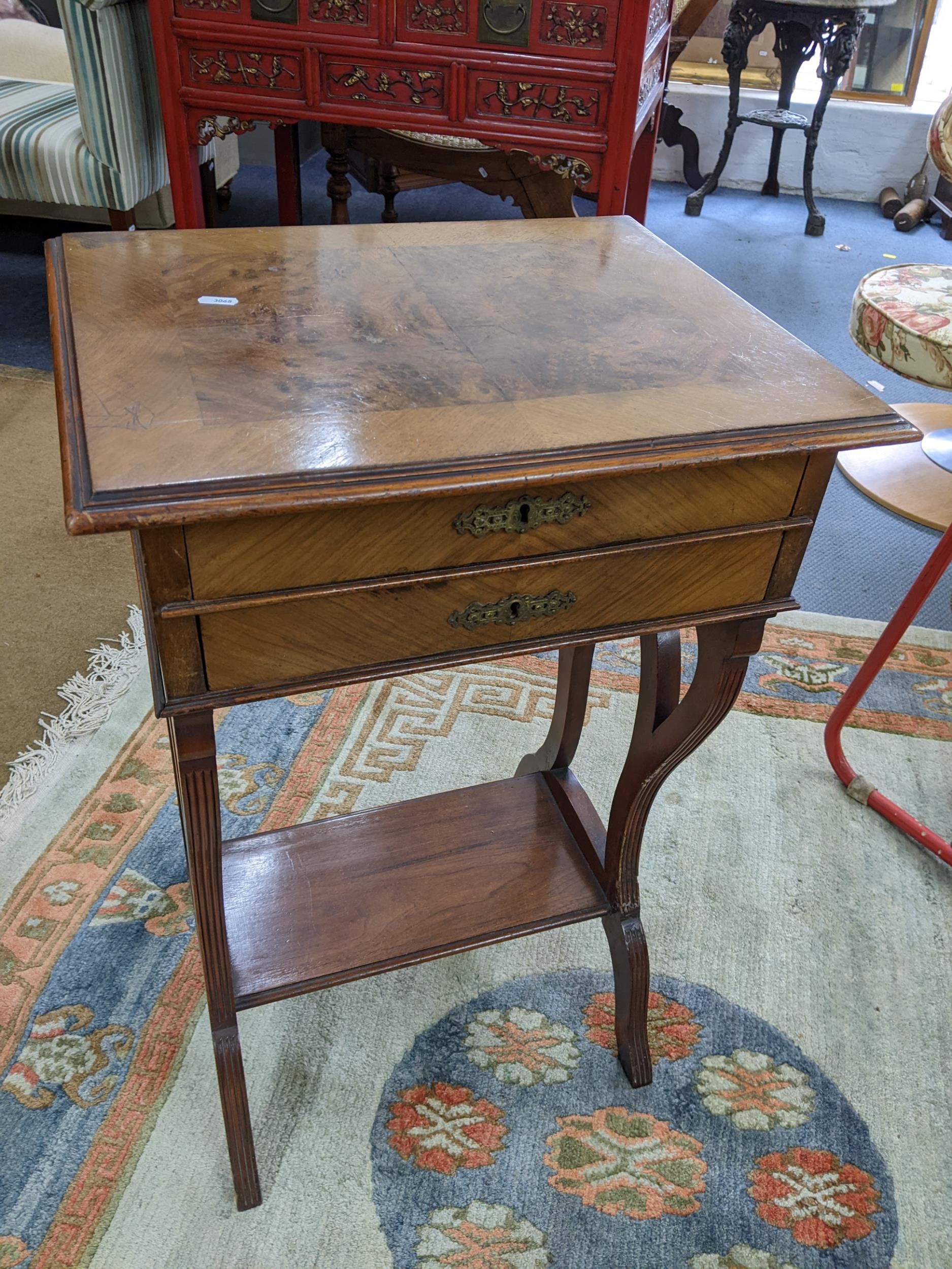 A 19th century French work table having a hinged top, two drawers and shelf below, 77h x 49.5w, - Image 2 of 2