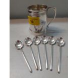Silver to include a Christening tankard and a set of six silver teaspoons, Location: