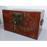 A reproduction Chinese red lacquered twin handled box decorated with scenes of children playing 26cm
