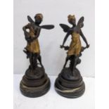 A pir of bronze water nymphs, signed, on a marble base with gilding, 9 inches high Location: