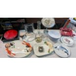 A mixed lot of glassware and ceramics to include a Waterford Crystal photo frame, platters, bowls