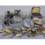 A mixed lot to include loose cutlery, entrée dish, glassware, silver plate and other items Location: